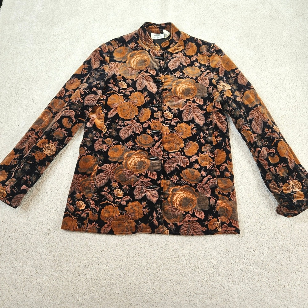 Vintage F.A.CHATTA Velvet Floral Quilted Tapestry Jacket S Rose‎ Print Mandarin